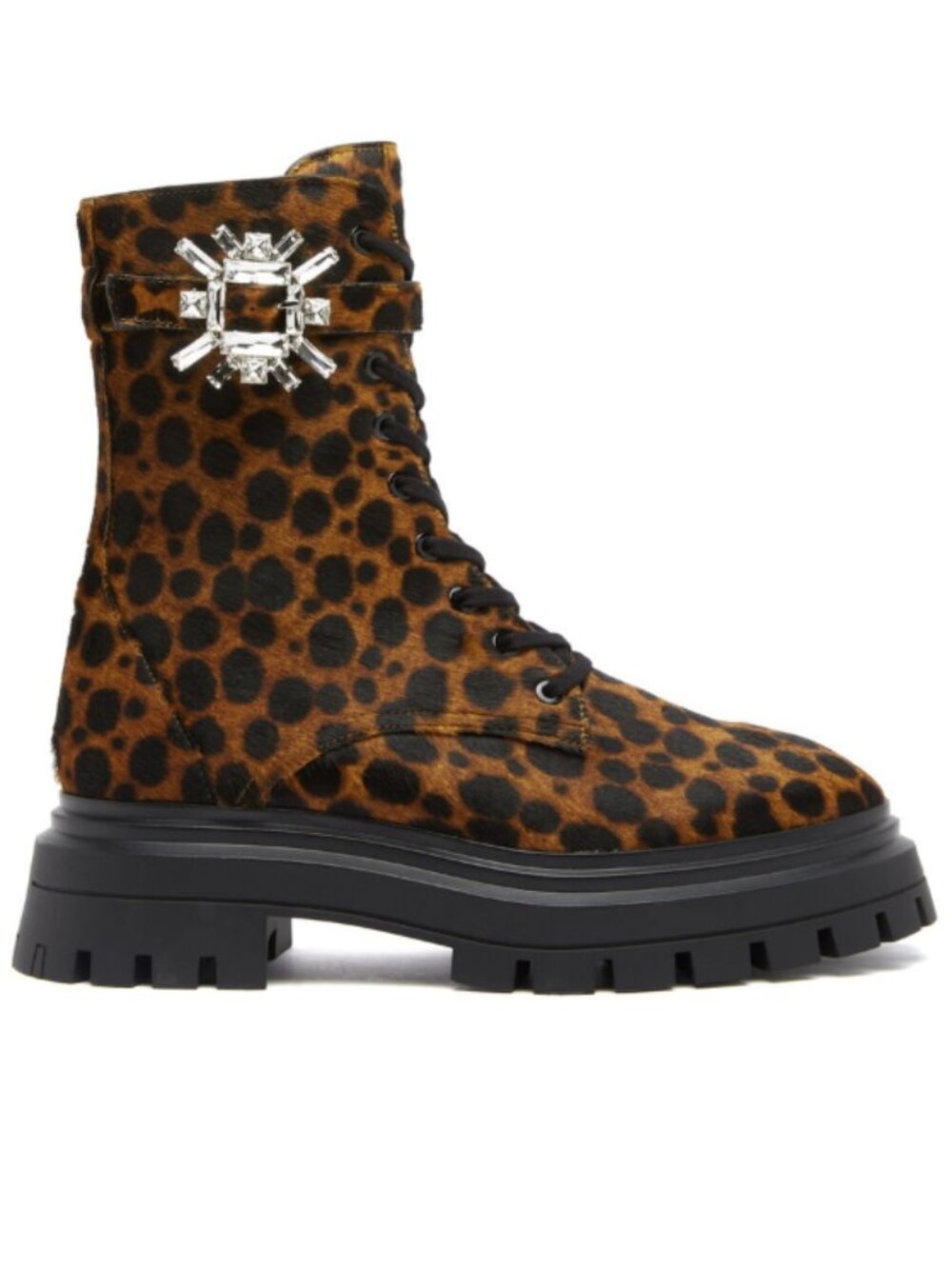 7.5 Animal Print Ankle Boot Moto Biker Lug Sole Block Heel Zip Lace Jewel Buckle